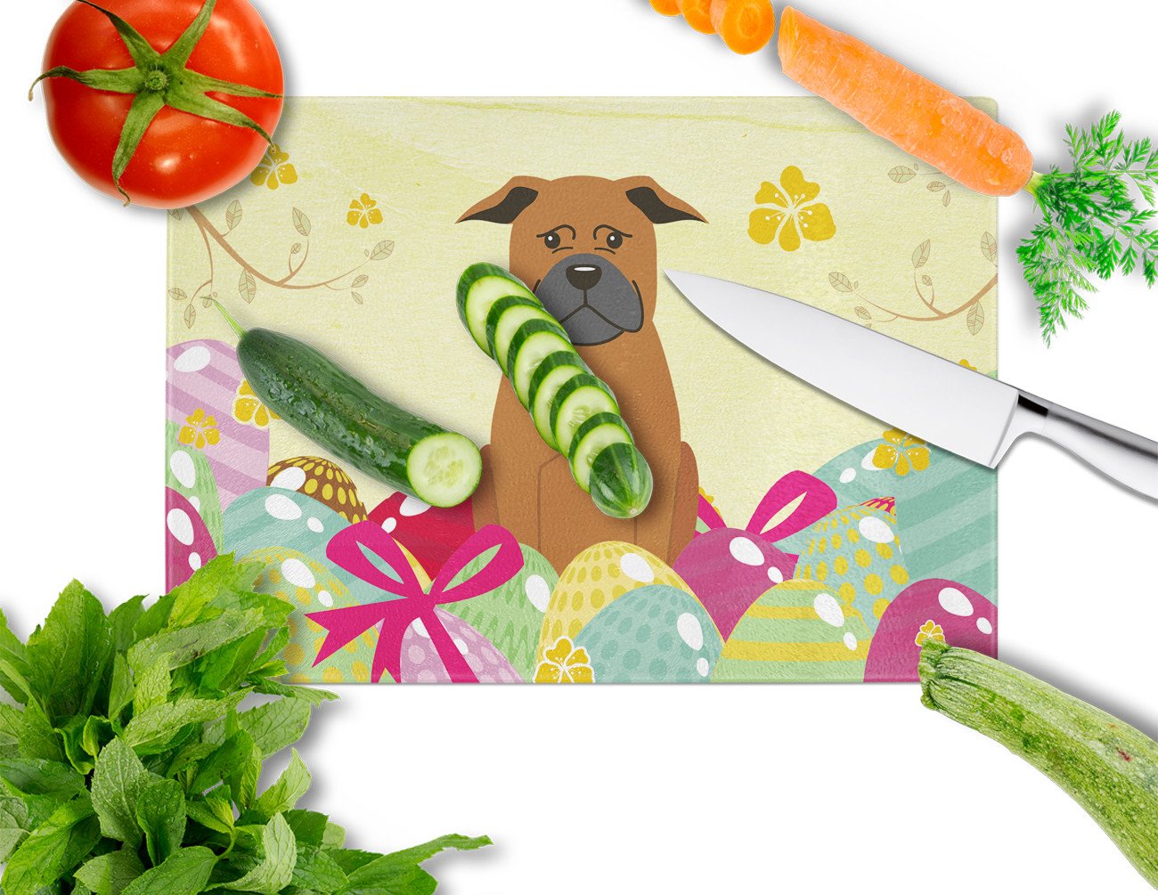 Easter Eggs Chinese Chongqing Dog Cutting Board Tempered Glass Kitchen Cutting Surface, Heat Resistant Chopping, Non-Slip Feet, Food Prep & Serving