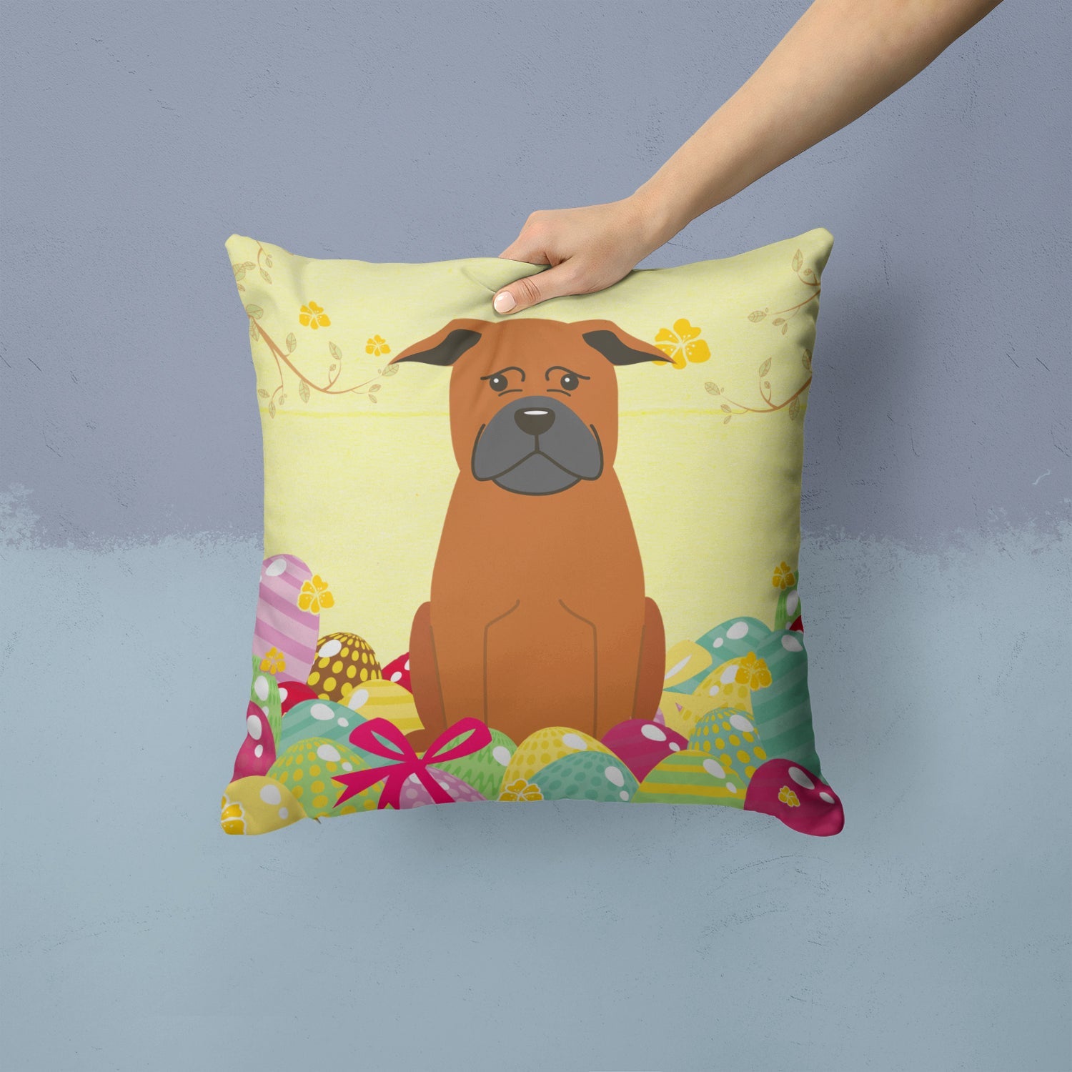 Easter Eggs Chinese Chongqing Dog Decorative Throw Pillow 14x14 Indoor Outdoor Accent Cushion, Fabric Cover with Insert for Sofa, Bed, Porch & Living Room
