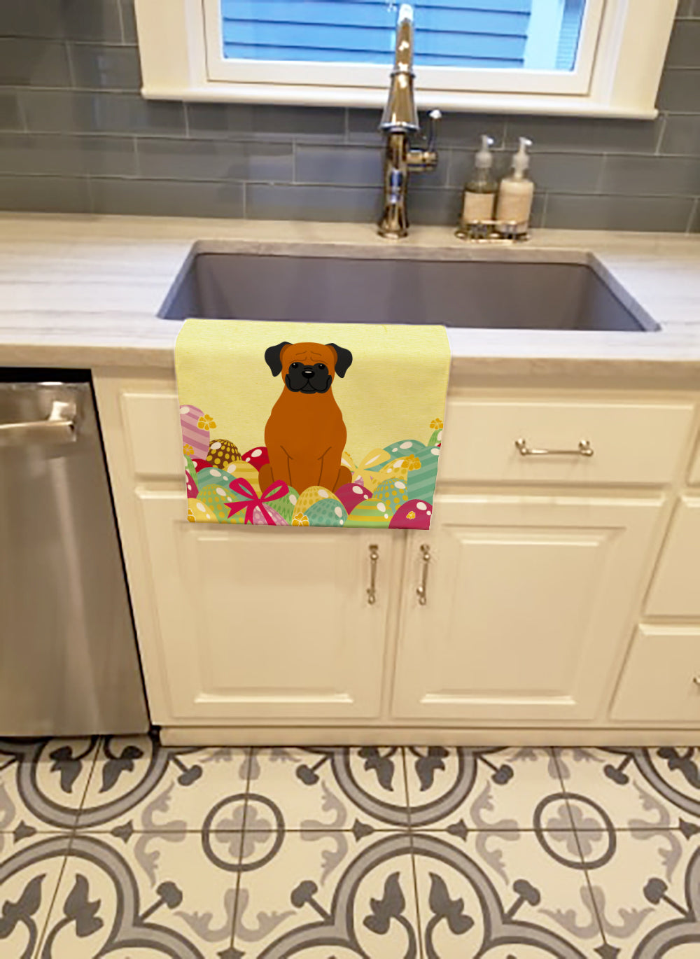 Easter Eggs Fawn Boxer Kitchen Towel Velour Plush Front and Cotton Loop Back Machine Washable