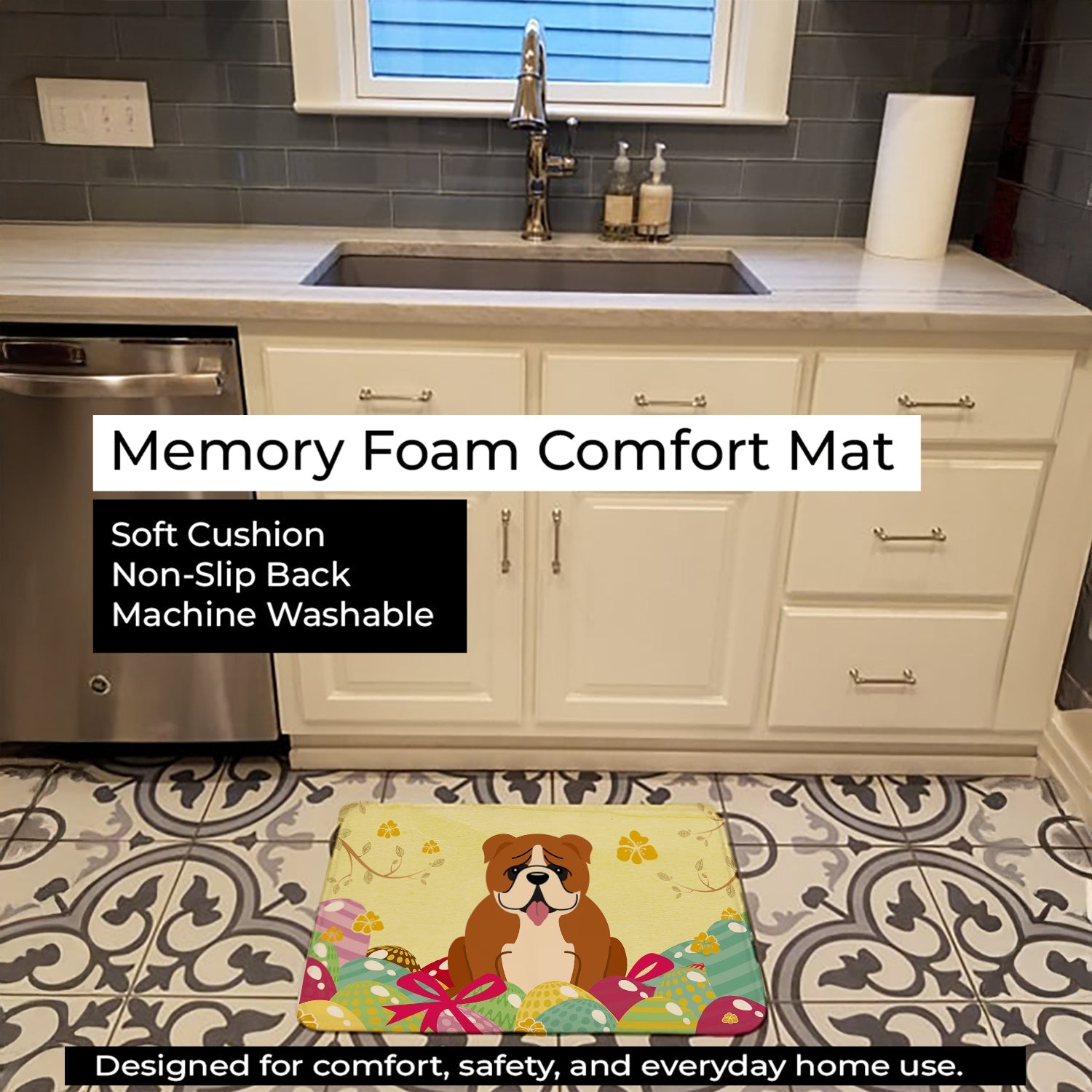 Easter Eggs English Bulldog Red White Memory Foam Kitchen Mat Machine Washable Anti-Fatigue Cushion Comfort Bath or Kitchen Rug
