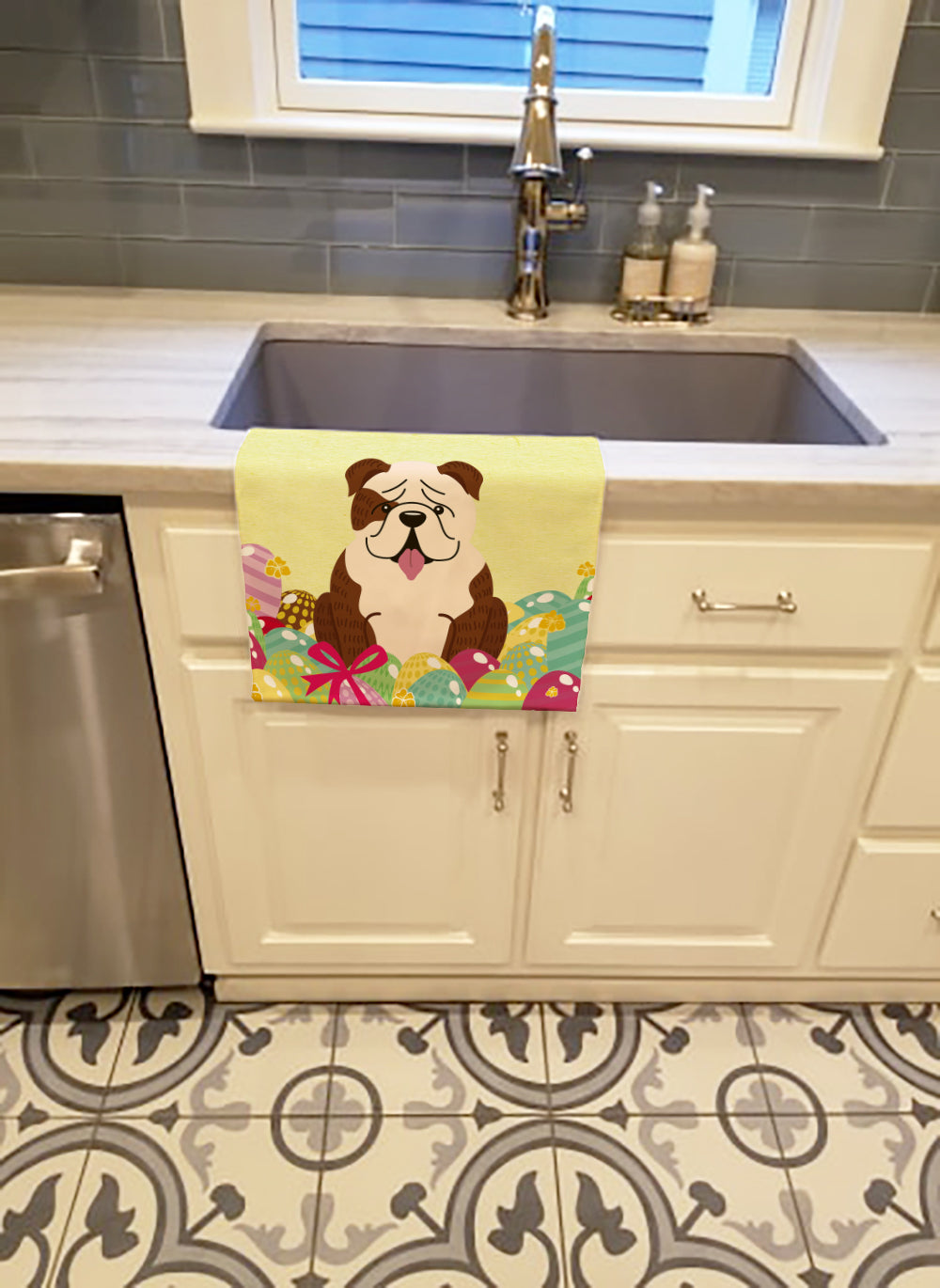Easter Eggs English Bulldog Brindle White Kitchen Towel Velour Plush Front and Cotton Loop Back Machine Washable