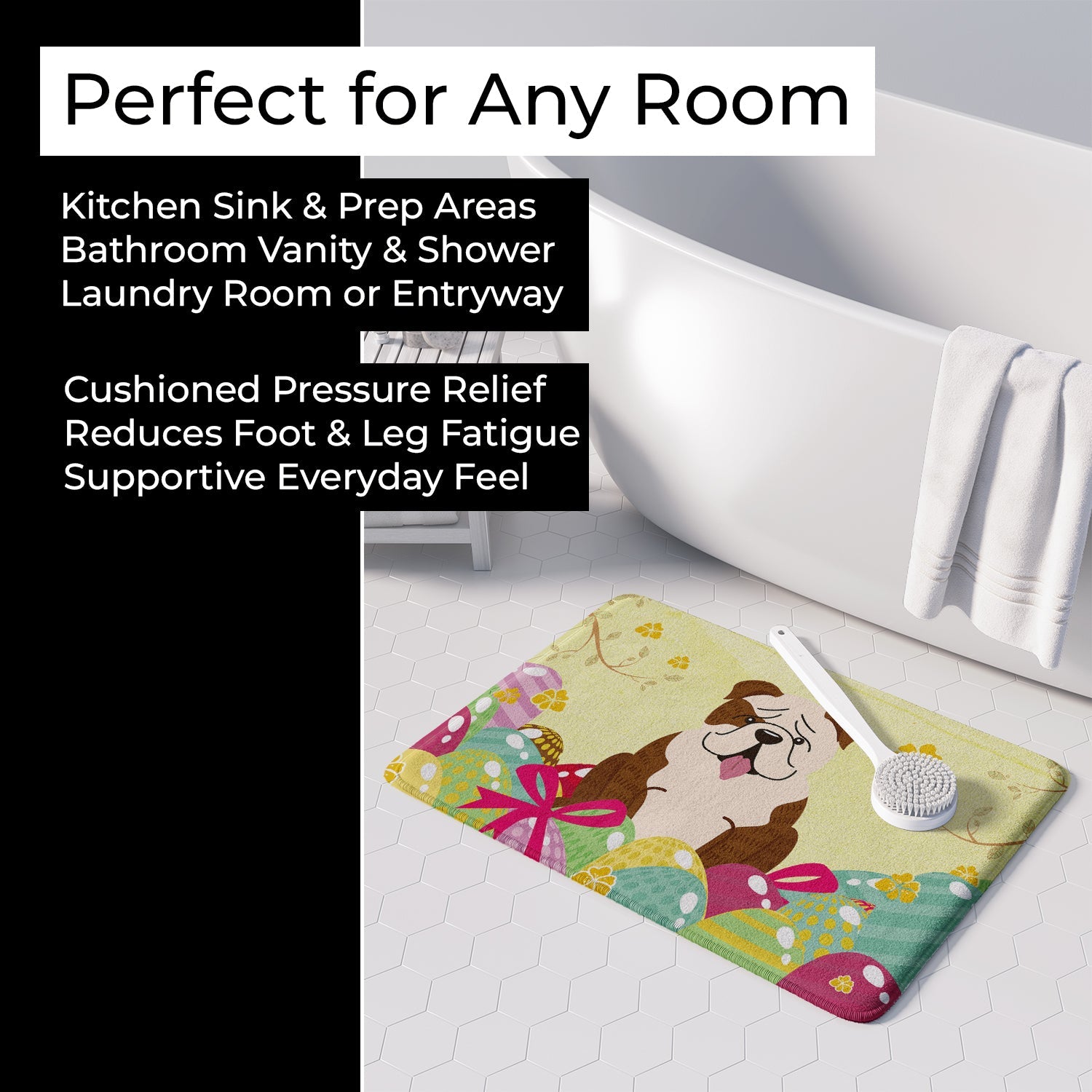 Easter Eggs English Bulldog Brindle White Memory Foam Kitchen Mat Machine Washable Anti-Fatigue Cushion Comfort Bath or Kitchen Rug