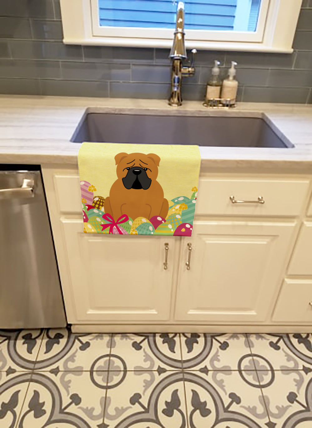 Easter Eggs English Bulldog Red Kitchen Towel Velour Plush Front and Cotton Loop Back Machine Washable