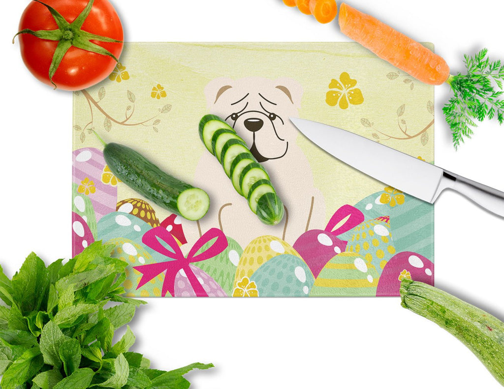 Easter Eggs English Bulldog White Cutting Board Tempered Glass Kitchen Cutting Surface, Heat Resistant Chopping, Non-Slip Feet, Food Prep & Serving