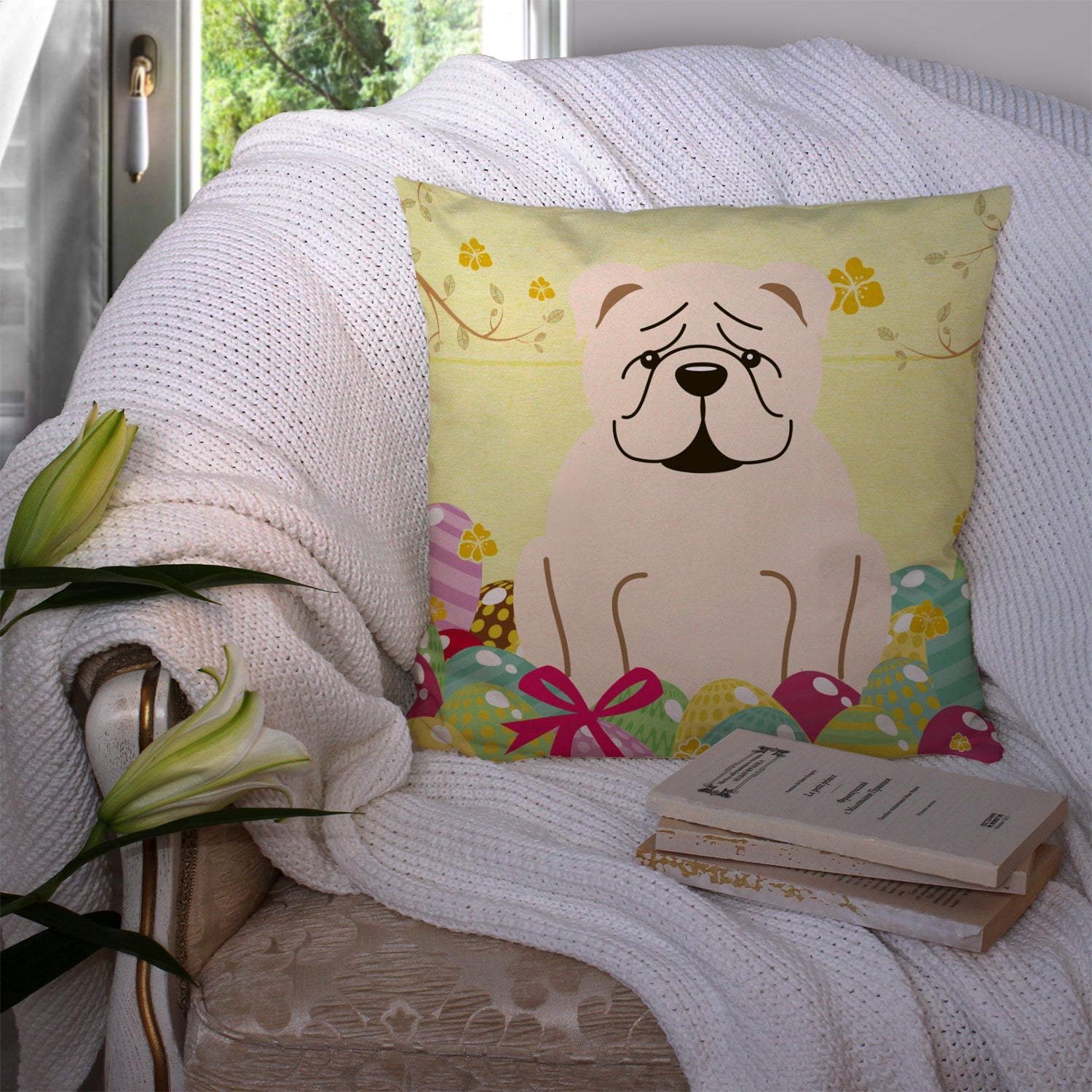 Easter Eggs English Bulldog White Decorative Throw Pillow 14x14 Indoor Outdoor Accent Cushion, Fabric Cover with Insert for Sofa, Bed, Porch & Living Room