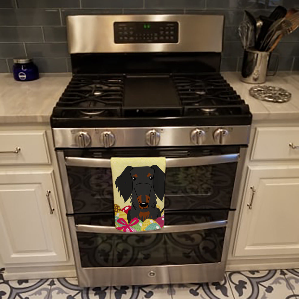 Easter Eggs Wire Haired Dachshund Black Tan Kitchen Towel Velour Plush Front and Cotton Loop Back Machine Washable