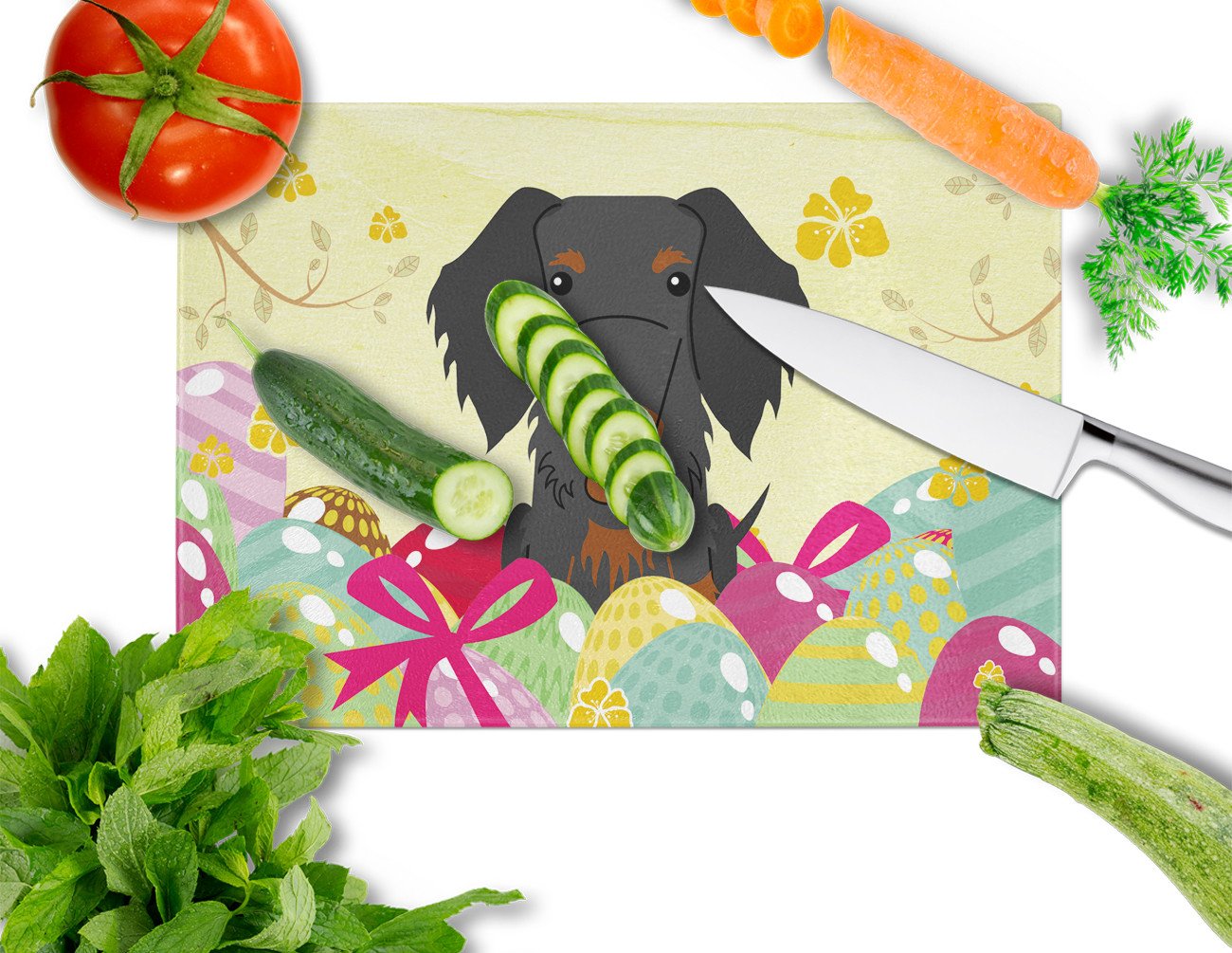 Easter Eggs Wire Haired Dachshund Black Tan Cutting Board Tempered Glass Kitchen Cutting Surface, Heat Resistant Chopping, Non-Slip Feet, Food Prep & Serving