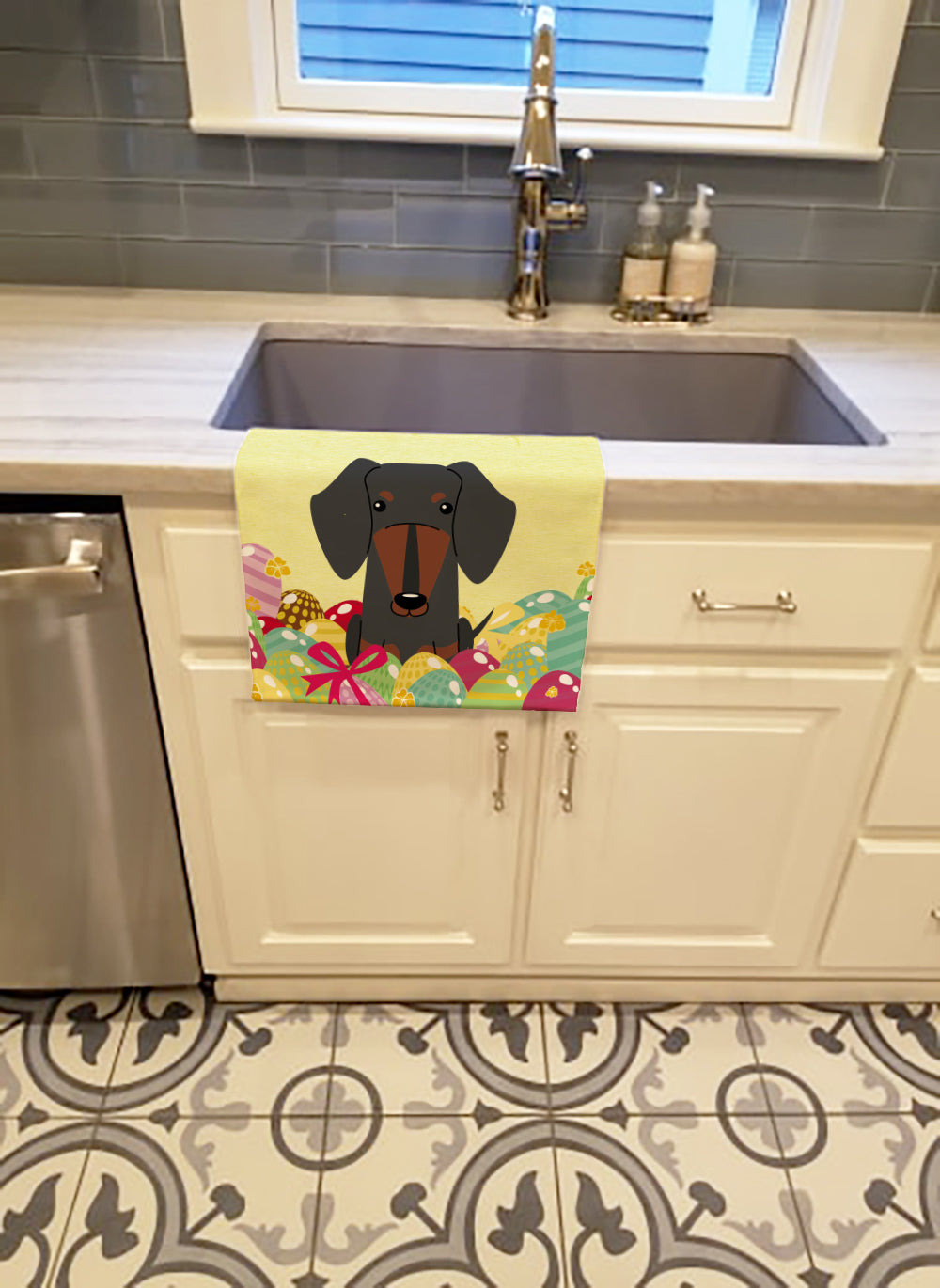 Easter Eggs Dachshund Black Tan Kitchen Towel Velour Plush Front and Cotton Loop Back Machine Washable