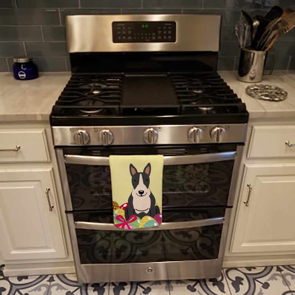 Easter Eggs Bull Terrier Black White Kitchen Towel Velour Plush Front and Cotton Loop Back Machine Washable