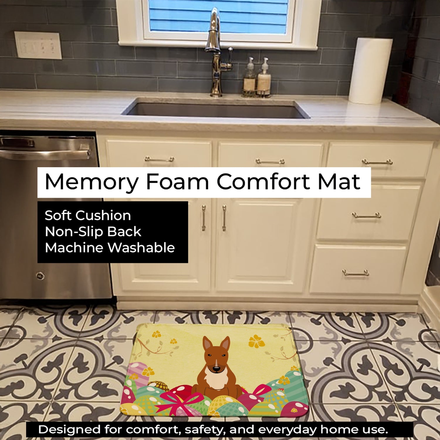 Easter Eggs Bull Terrier Red Memory Foam Kitchen Mat Machine Washable Anti-Fatigue Cushion Comfort Bath or Kitchen Rug