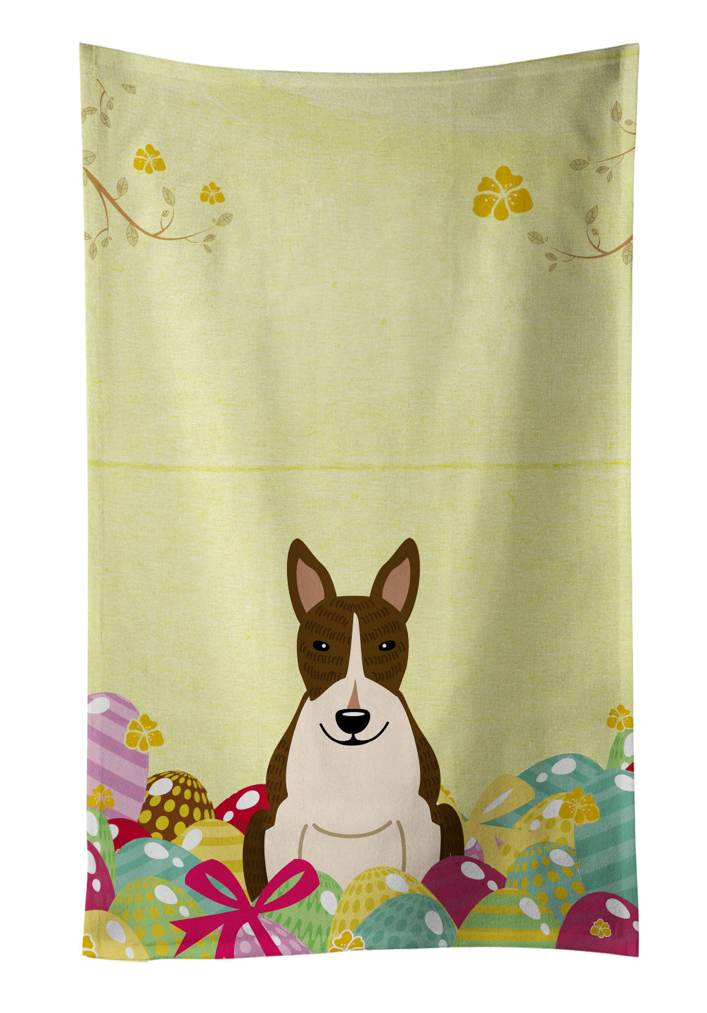 Easter Eggs Bull Terrier Dark Brindle Kitchen Towel Velour Plush Front and Cotton Loop Back Machine Washable