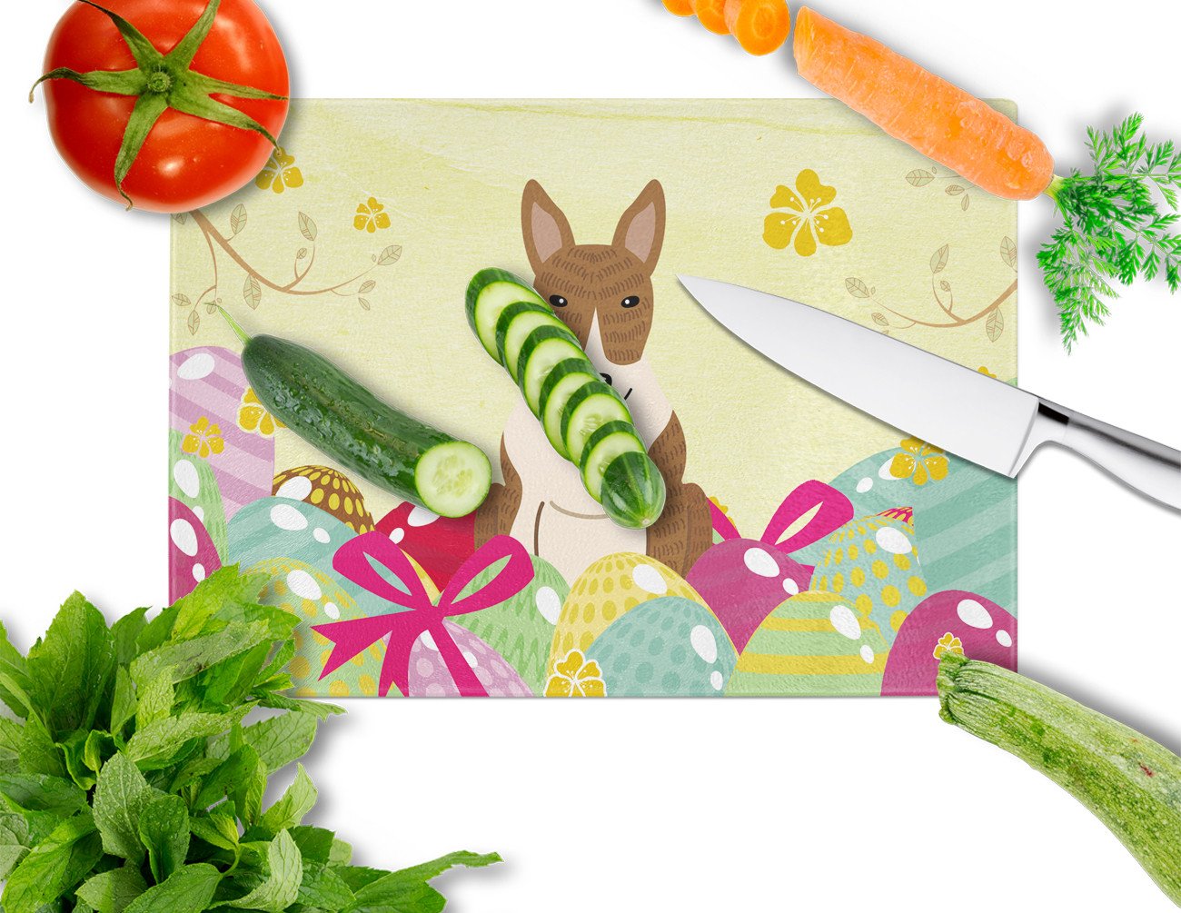 Easter Eggs Bull Terrier Brindle Cutting Board Tempered Glass Kitchen Cutting Surface, Heat Resistant Chopping, Non-Slip Feet, Food Prep & Serving