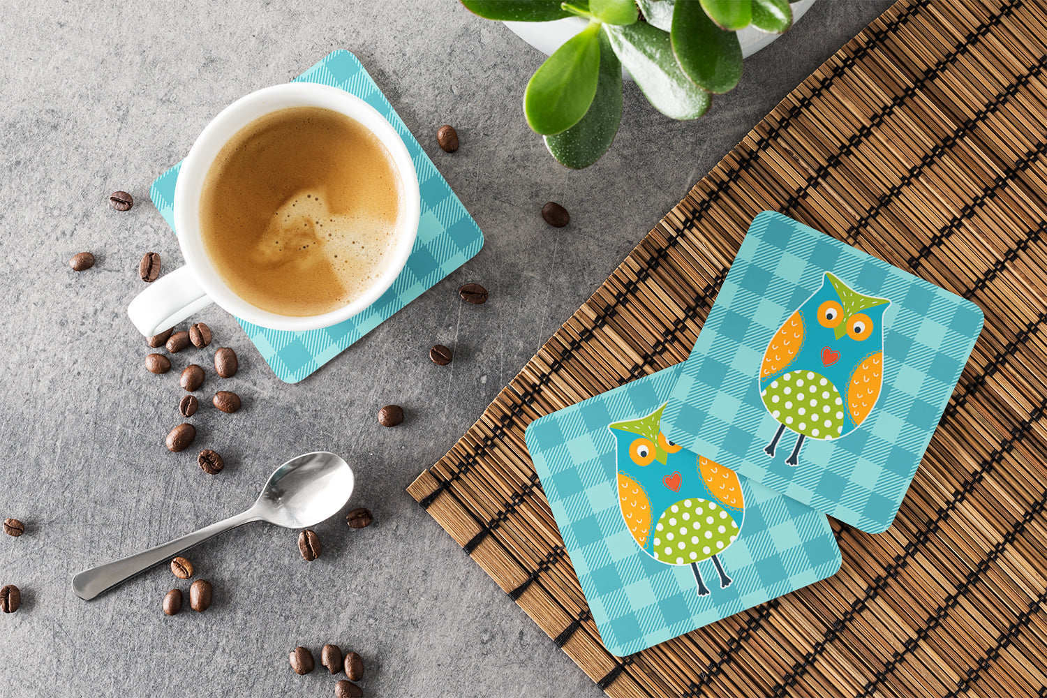 Owl on Blue Plaid Foam Coasters Set of 4 Cup Coasters for Indoor Outdoor, Tabletop Protection, Anti Slip, Mouse pad Material