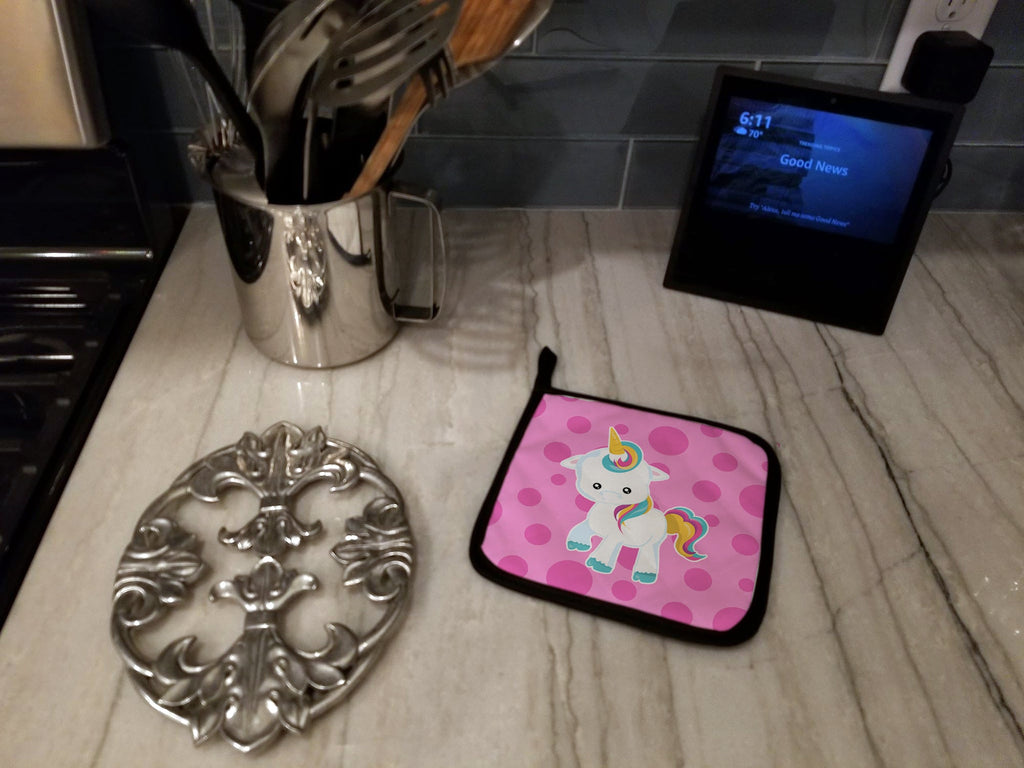 Pink Polkadot Unicorn Pot Holder Set of 2 Heat Resistant Quilted Hot Pads 7.5 x 7.5 Inch, Insulated Kitchen Trivets for Cooking & Baking