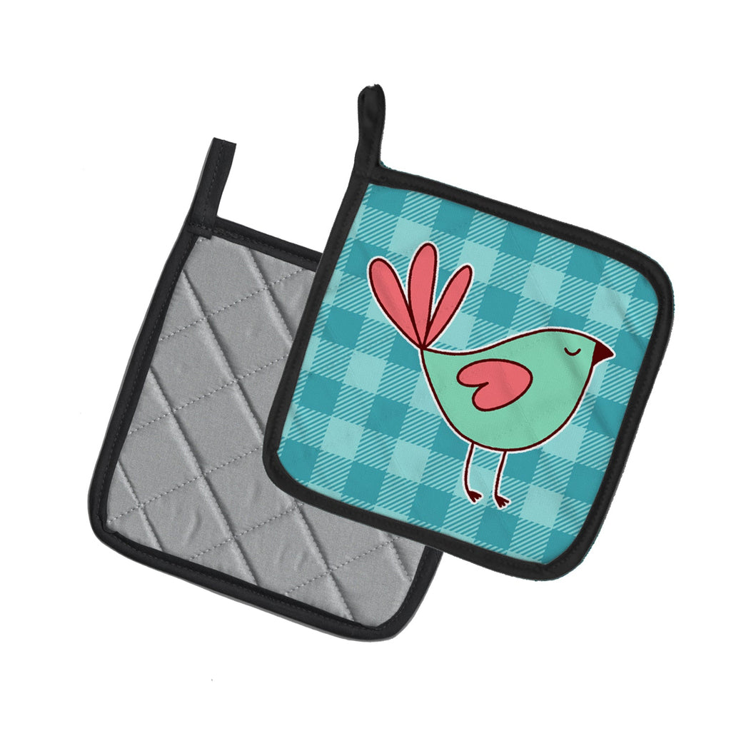 Bird on Blue Plaid Pot Holder Set of 2 Heat Resistant Quilted Hot Pads 7.5 x 7.5 Inch, Insulated Kitchen Trivets for Cooking & Baking