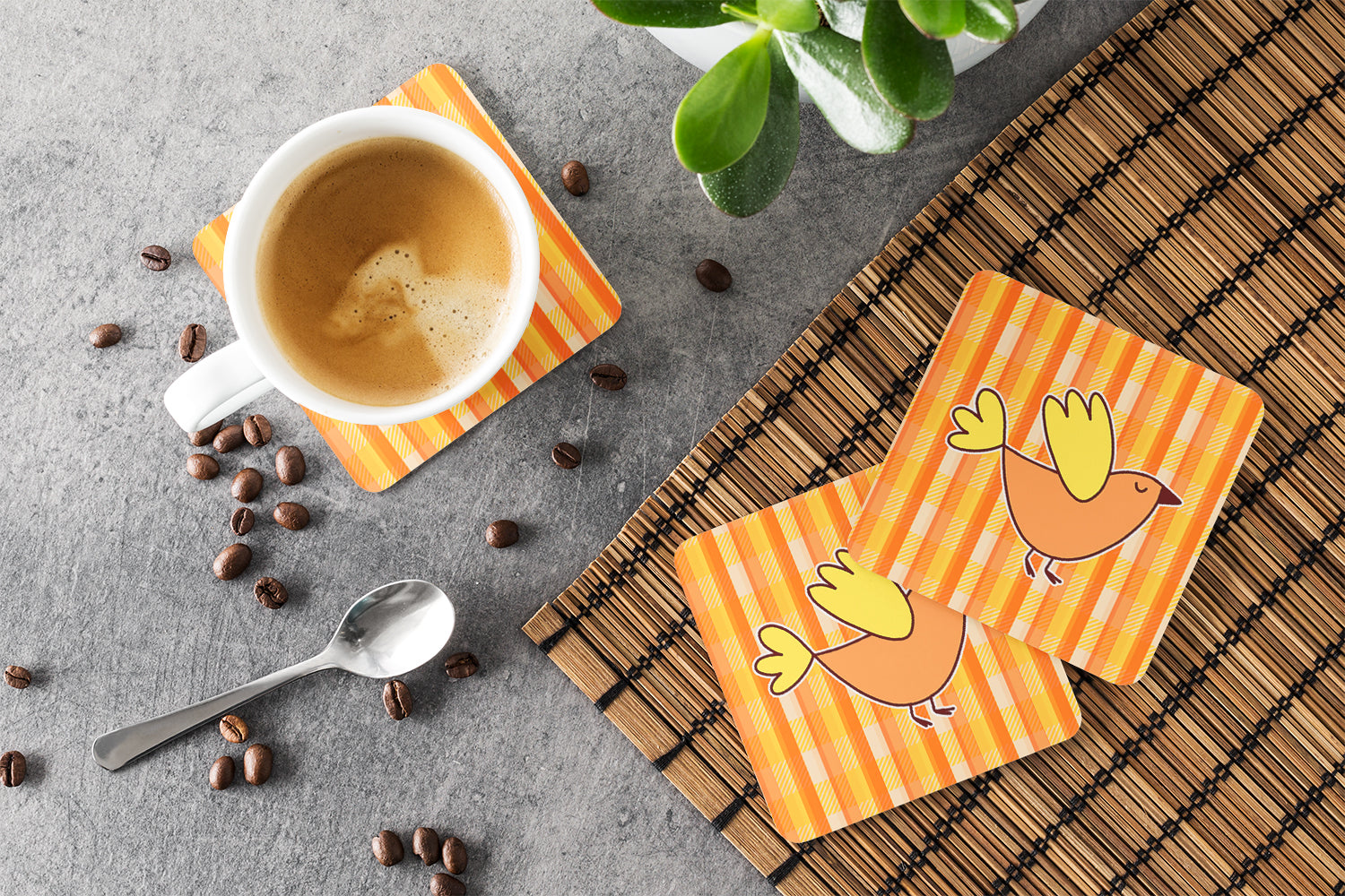 Bird on Orange Plaid Foam Coasters Set of 4 Cup Coasters for Indoor Outdoor, Tabletop Protection, Anti Slip, Mouse pad Material