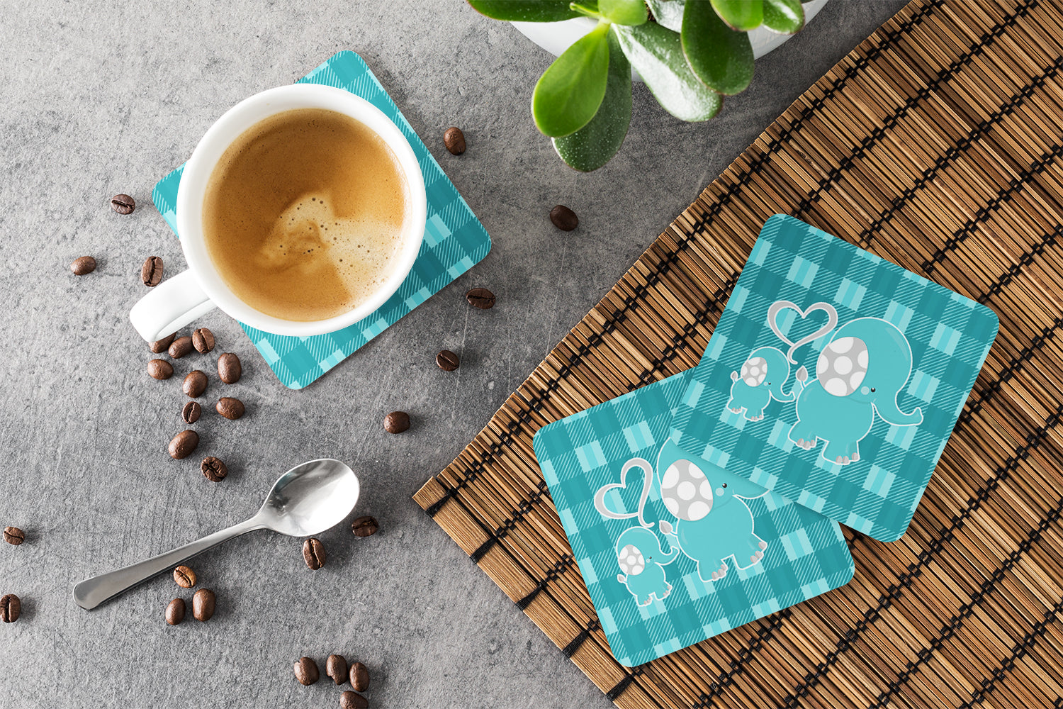 Plaid Momma and Baby Elephant Foam Coasters Set of 4 Cup Coasters for Indoor Outdoor, Tabletop Protection, Anti Slip, Mouse pad Material