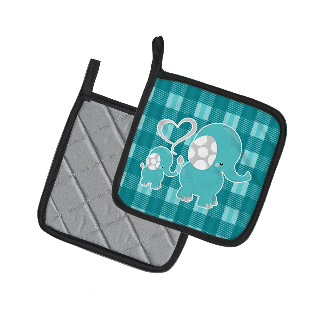 Plaid Momma and Baby Elephant Pot Holder Set of 2 Heat Resistant Quilted Hot Pads 7.5 x 7.5 Inch, Insulated Kitchen Trivets for Cooking & Baking