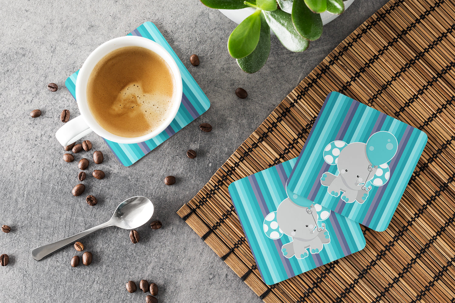 Grey Elephant with Balloon Foam Coasters Set of 4 Cup Coasters for Indoor Outdoor, Tabletop Protection, Anti Slip, Mouse pad Material