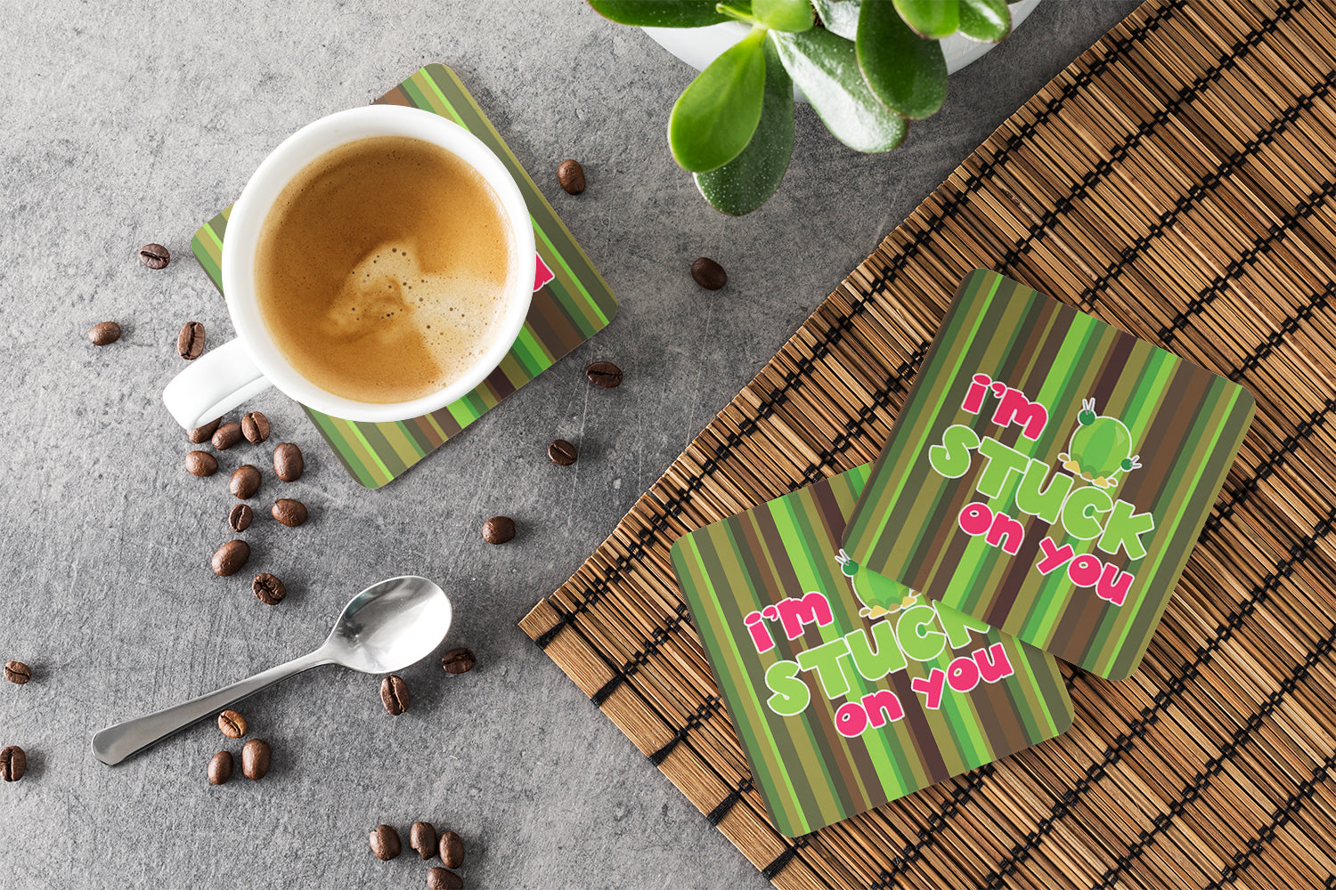 Cactus I'm Stuck on You Foam Coasters Set of 4 Cup Coasters for Indoor Outdoor, Tabletop Protection, Anti Slip, Mouse pad Material