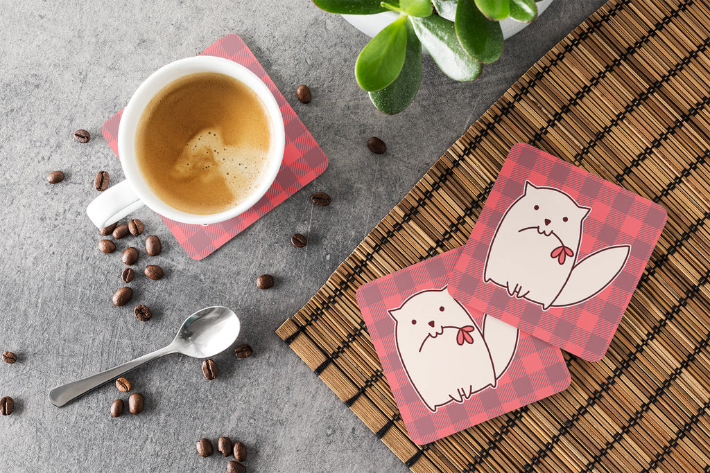Cat Pink Plad Foam Coasters Set of 4 Cup Coasters for Indoor Outdoor, Tabletop Protection, Anti Slip, Mouse pad Material