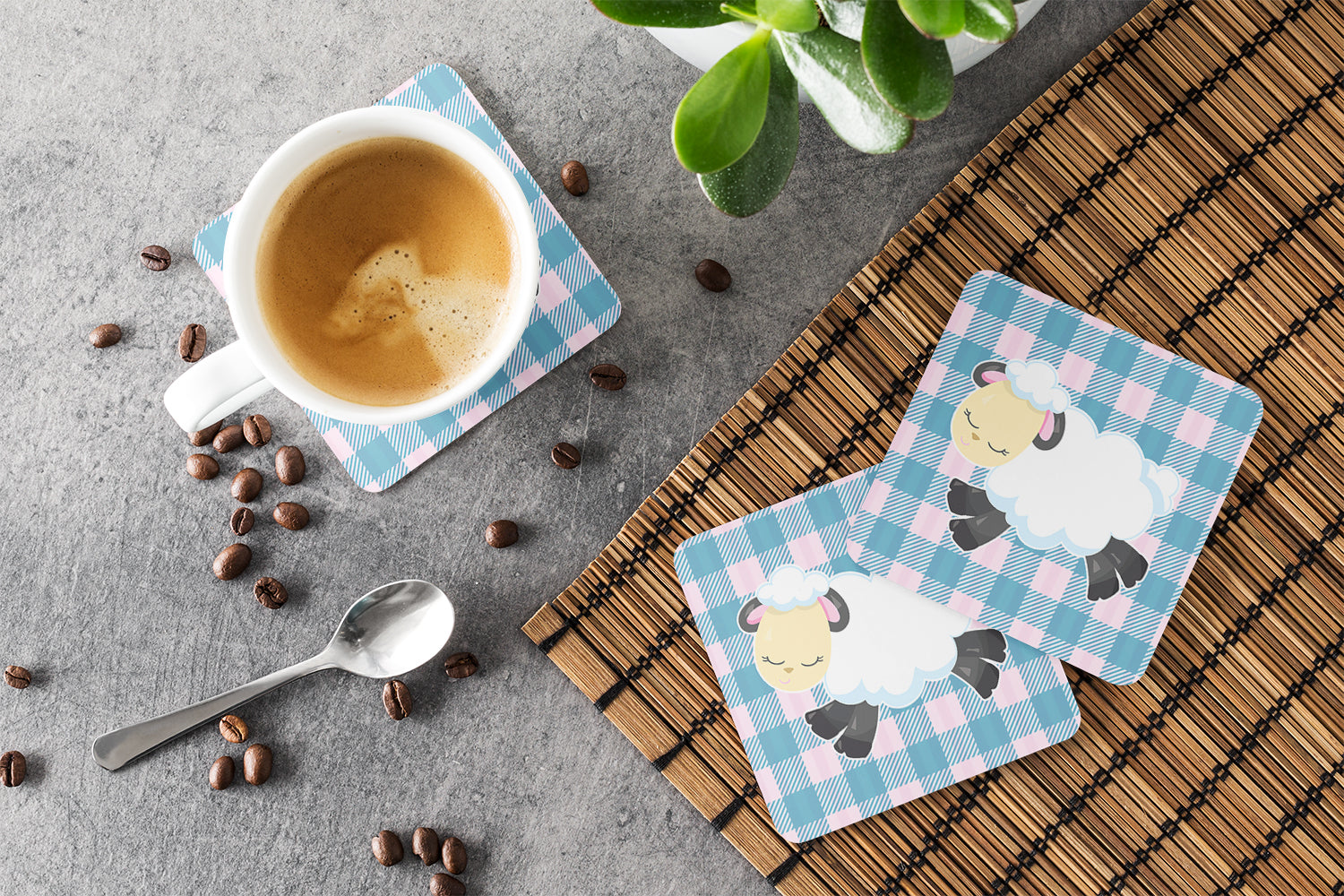 Sheep on Blue Gingham Foam Coasters Set of 4 Cup Coasters for Indoor Outdoor, Tabletop Protection, Anti Slip, Mouse pad Material