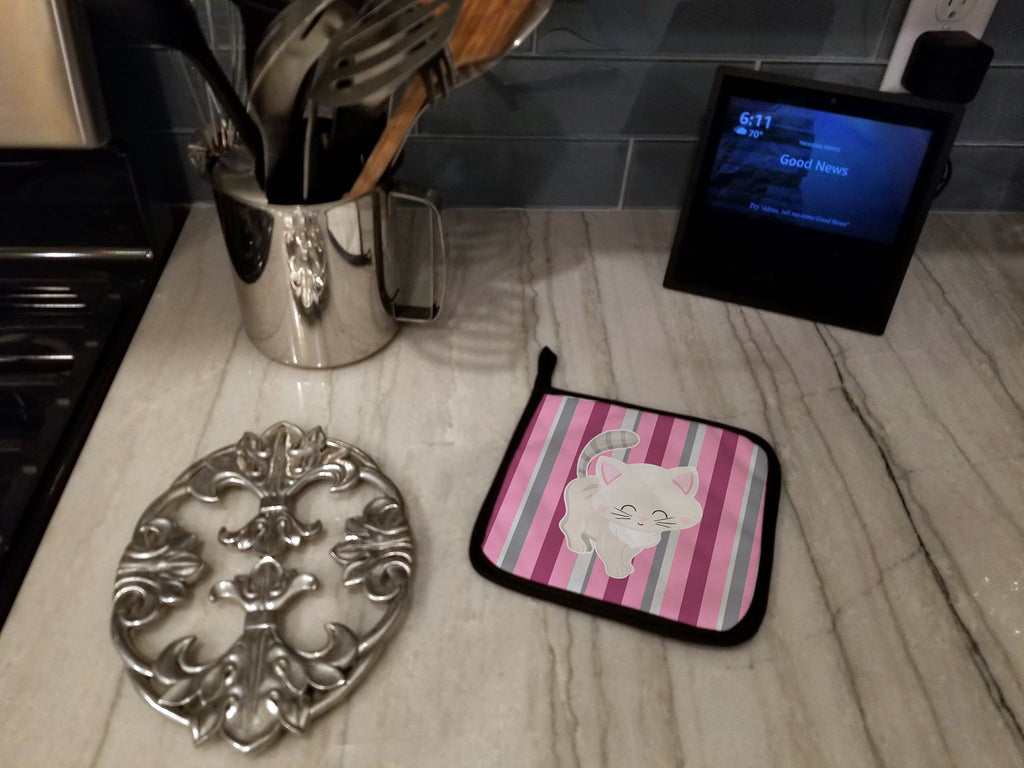 Kitten Cat Pink and Gray Pot Holder Set of 2 Heat Resistant Quilted Hot Pads 7.5 x 7.5 Inch, Insulated Kitchen Trivets for Cooking & Baking