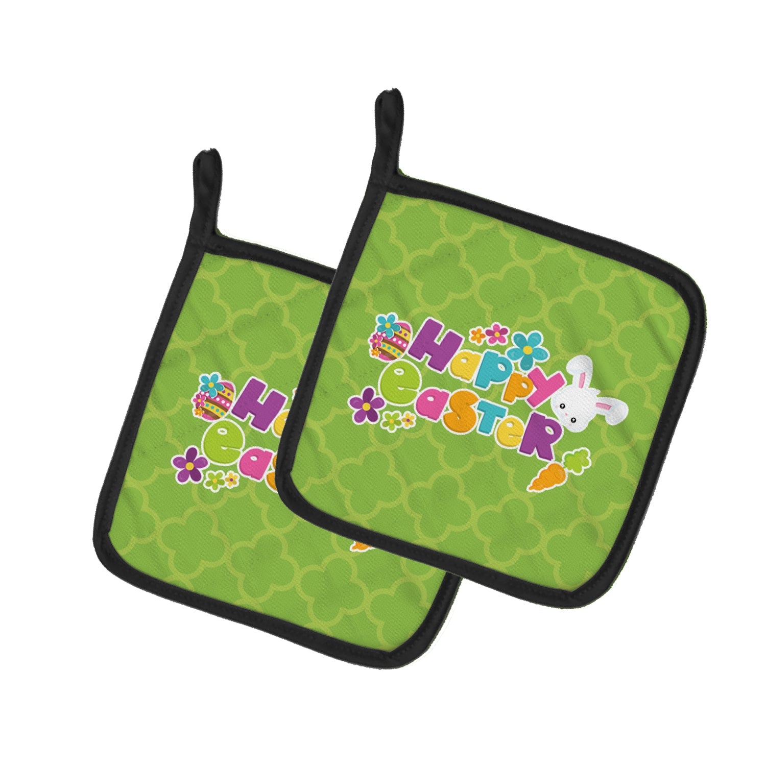 Happy Easter Green Quatrafoil Pot Holder Set of 2 Heat Resistant Quilted Hot Pads 7.5 x 7.5 Inch, Insulated Kitchen Trivets for Cooking & Baking