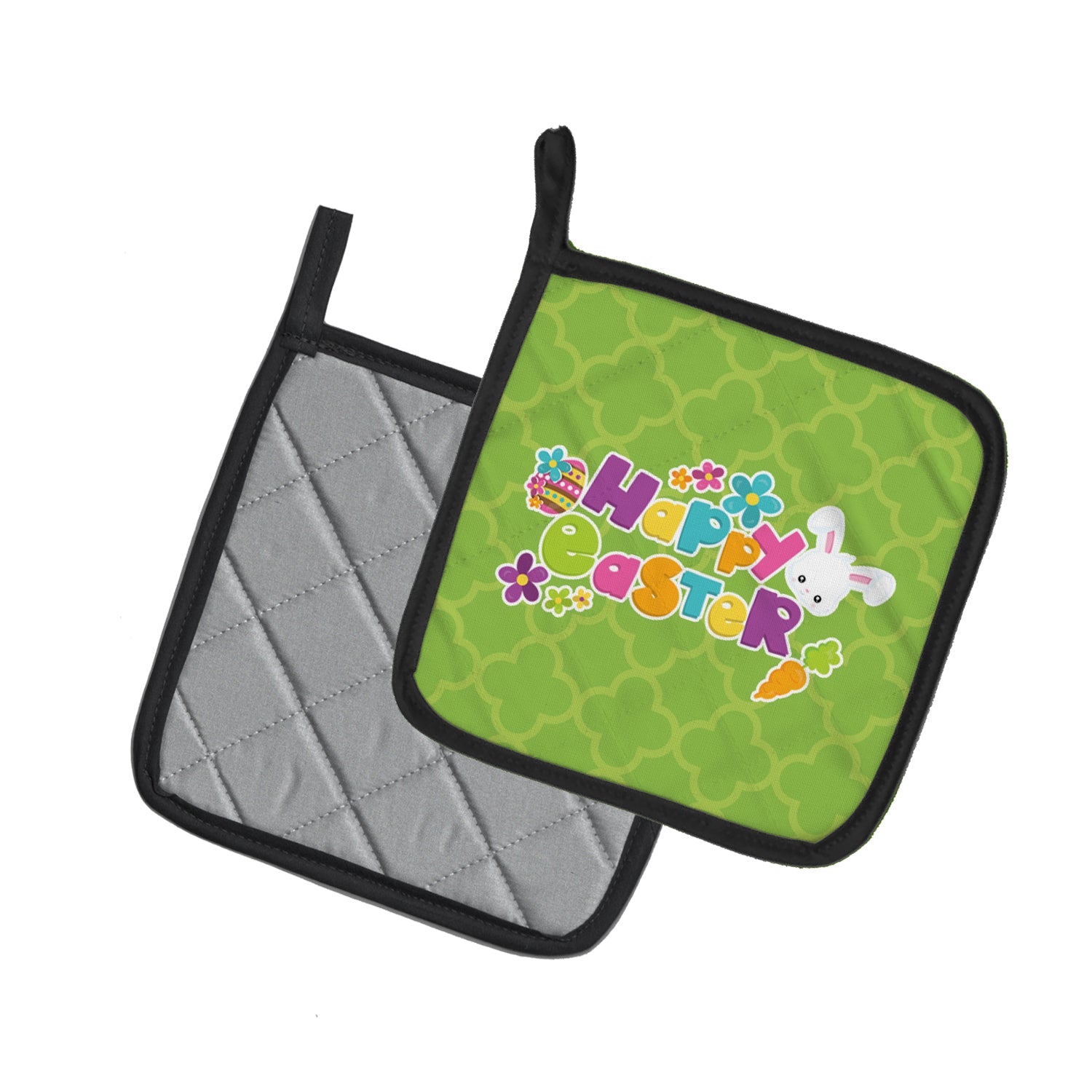 Happy Easter Green Quatrafoil Pot Holder Set of 2 Heat Resistant Quilted Hot Pads 7.5 x 7.5 Inch, Insulated Kitchen Trivets for Cooking & Baking