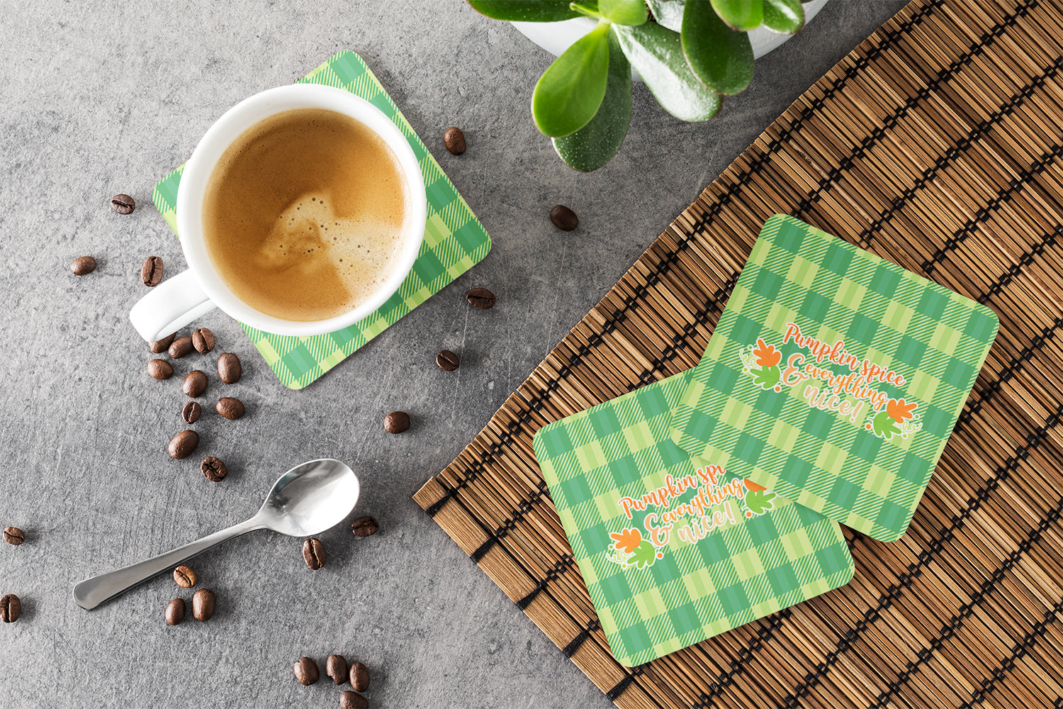 Fall Pumpkin Spice Gingham Foam Coasters Set of 4 Cup Coasters for Indoor Outdoor, Tabletop Protection, Anti Slip, Mouse pad Material