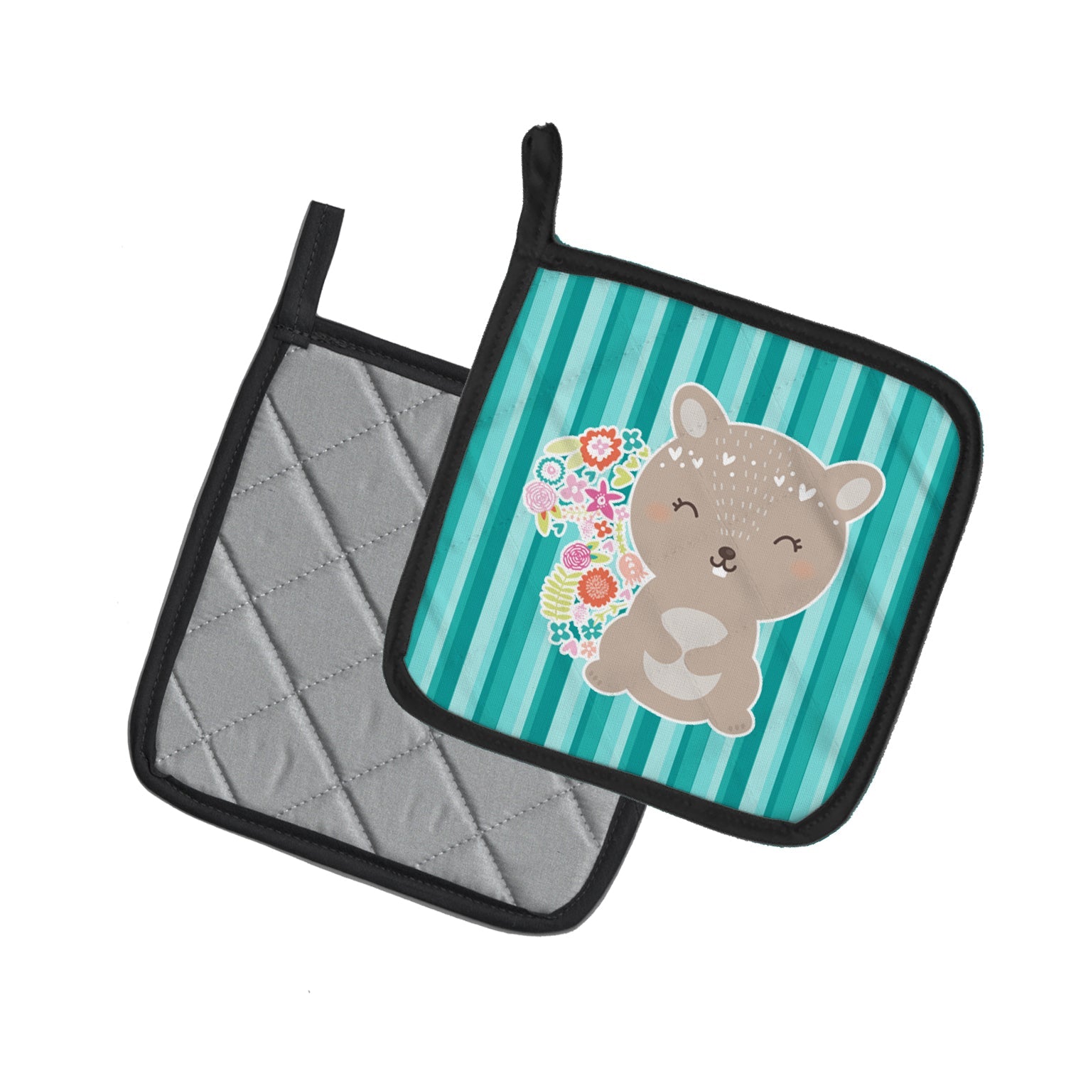 Flowered Squirrel Pot Holder Set of 2 Heat Resistant Quilted Hot Pads 7.5 x 7.5 Inch, Insulated Kitchen Trivets for Cooking & Baking