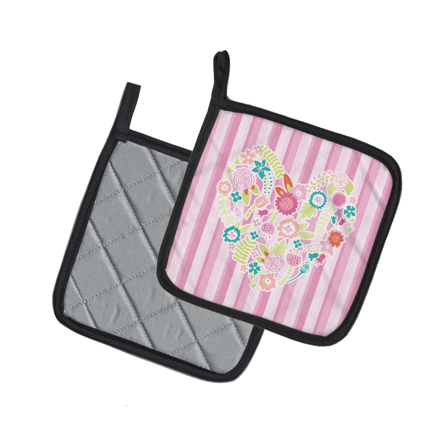 Flowered Heart Pot Holder Set of 2 Heat Resistant Quilted Hot Pads 7.5 x 7.5 Inch, Insulated Kitchen Trivets for Cooking & Baking