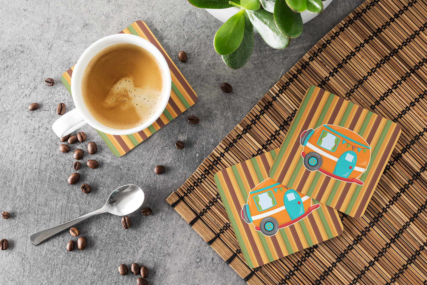 Retro Camper Foam Coasters Set of 4 Cup Coasters for Indoor Outdoor, Tabletop Protection, Anti Slip, Mouse pad Material