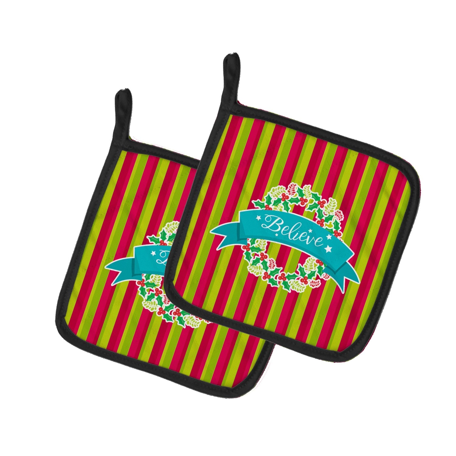 Christmas Wreath Believe Pot Holder Set of 2 Heat Resistant Quilted Hot Pads 7.5 x 7.5 Inch, Insulated Kitchen Trivets for Cooking & Baking