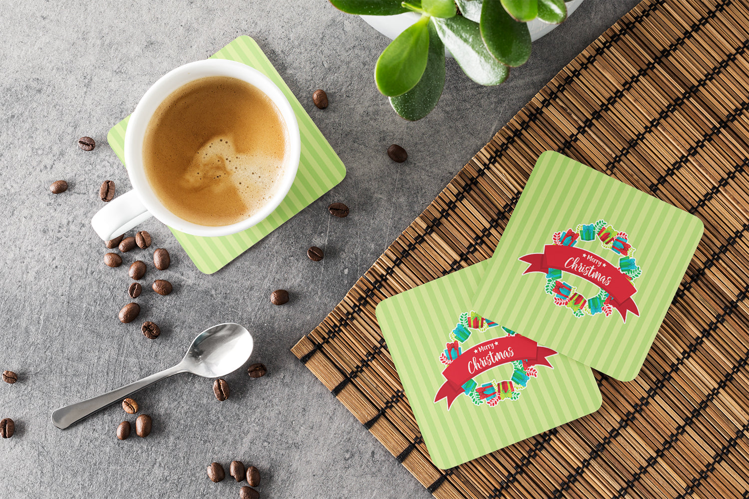 Christmas Wreath Presents Green Foam Coasters Set of 4 Cup Coasters for Indoor Outdoor, Tabletop Protection, Anti Slip, Mouse pad Material