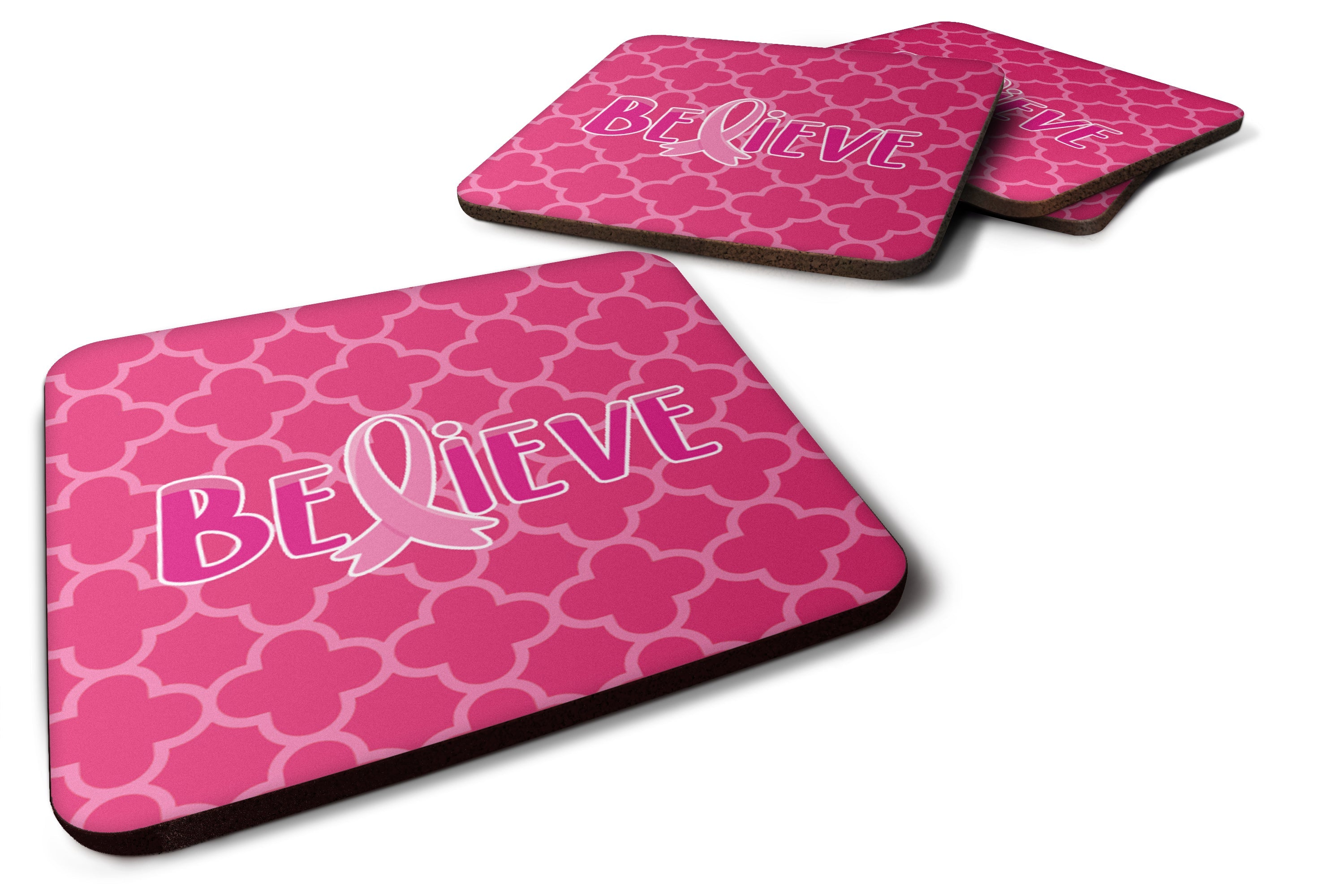 Breast Cancer Awareness Ribbon Believe Foam Coasters Set of 4 Cup Coasters for Indoor Outdoor, Tabletop Protection, Anti Slip, Mouse pad Material