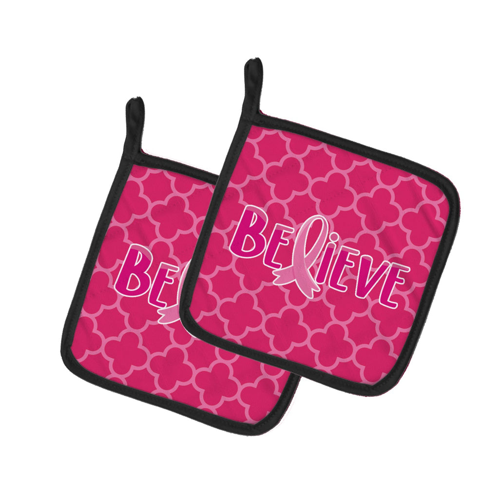 Breast Cancer Awareness Ribbon Believe Pot Holder Set of 2 Heat Resistant Quilted Hot Pads 7.5 x 7.5 Inch, Insulated Kitchen Trivets for Cooking & Baking