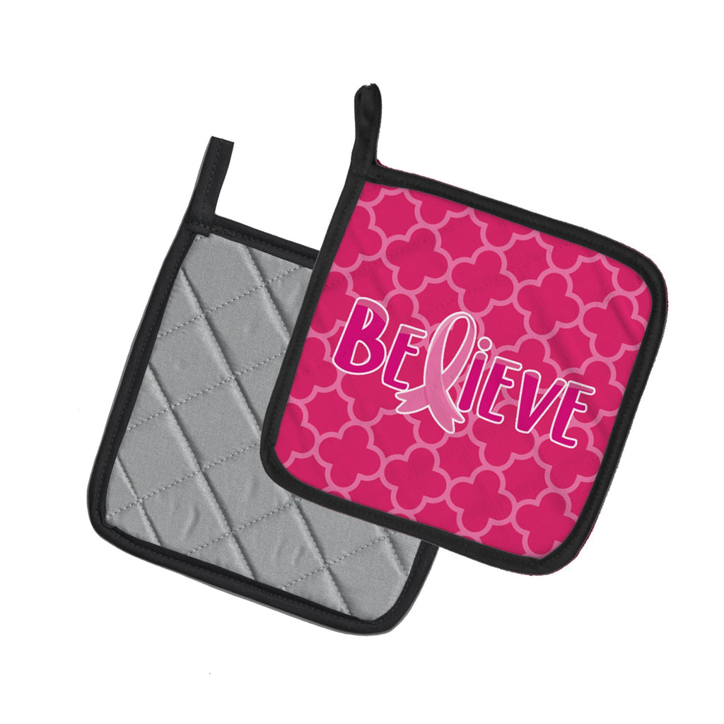 Breast Cancer Awareness Ribbon Believe Pot Holder Set of 2 Heat Resistant Quilted Hot Pads 7.5 x 7.5 Inch, Insulated Kitchen Trivets for Cooking & Baking
