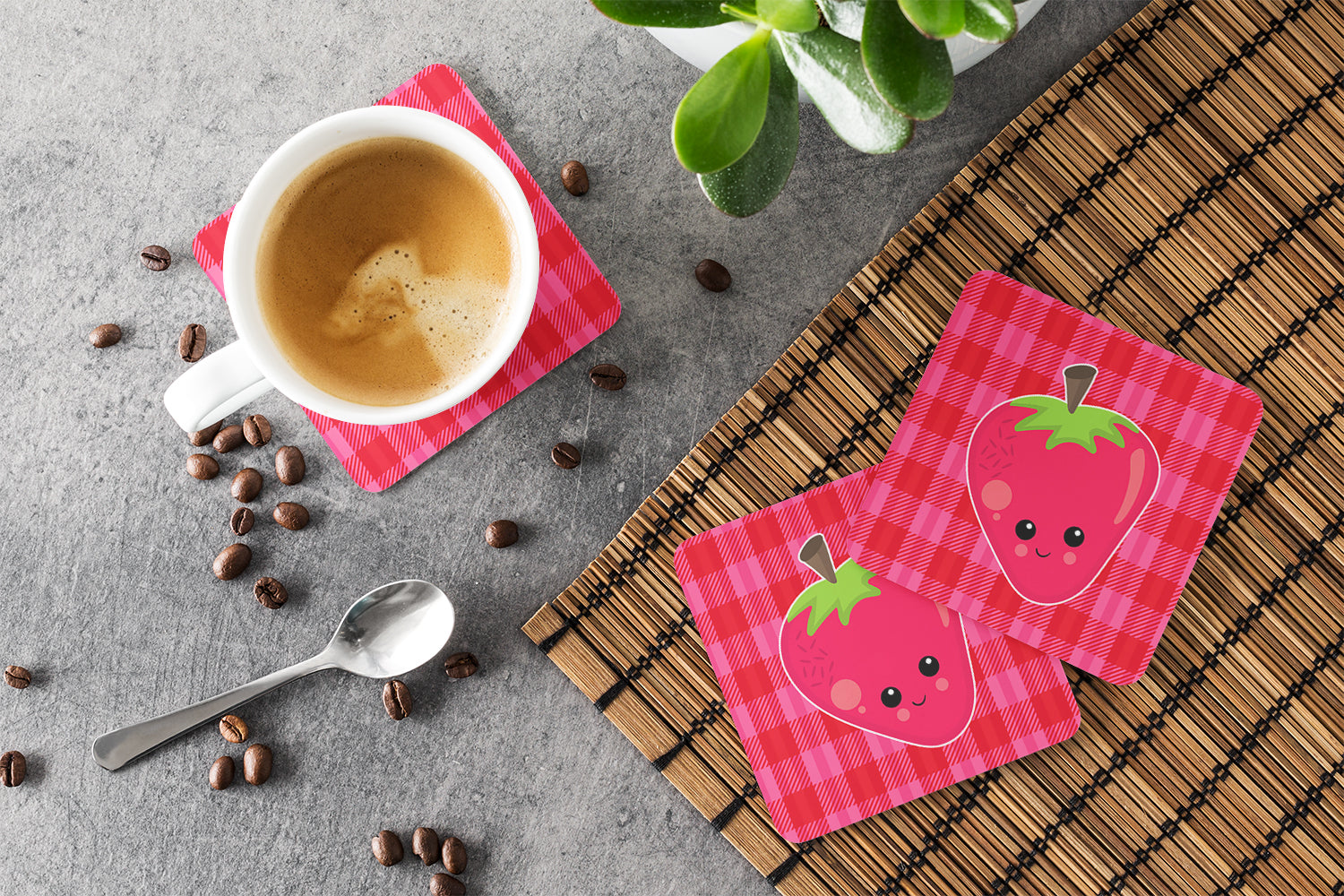 Strawberry Face Foam Coasters Set of 4 Cup Coasters for Indoor Outdoor, Tabletop Protection, Anti Slip, Mouse pad Material