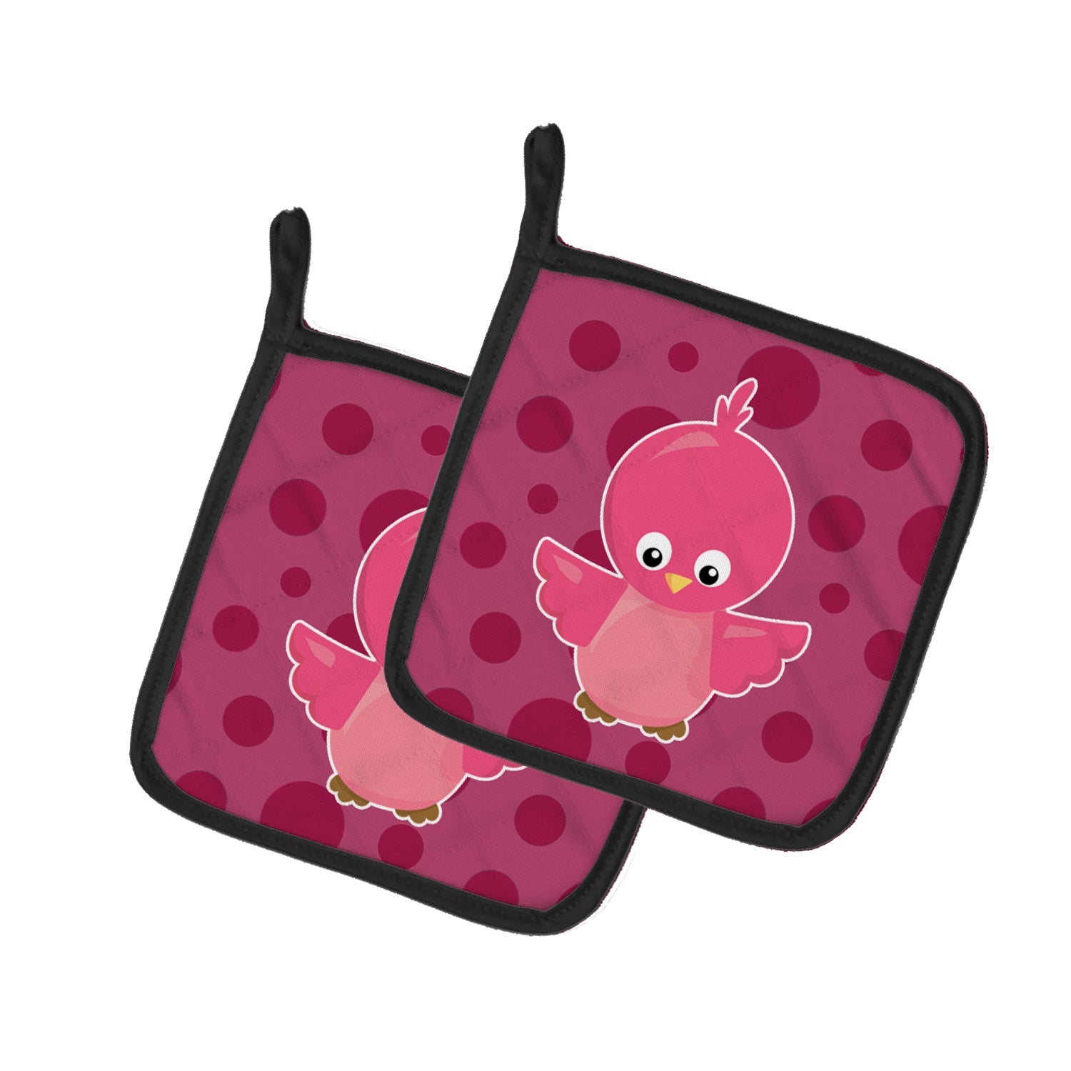 Bird on Pink Polkadots Pot Holder Set of 2 Heat Resistant Quilted Hot Pads 7.5 x 7.5 Inch, Insulated Kitchen Trivets for Cooking & Baking