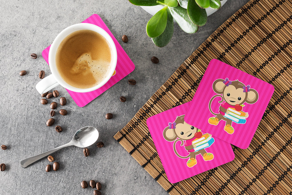 Monkey and School books Foam Coasters Set of 4 Cup Coasters for Indoor Outdoor, Tabletop Protection, Anti Slip, Mouse pad Material