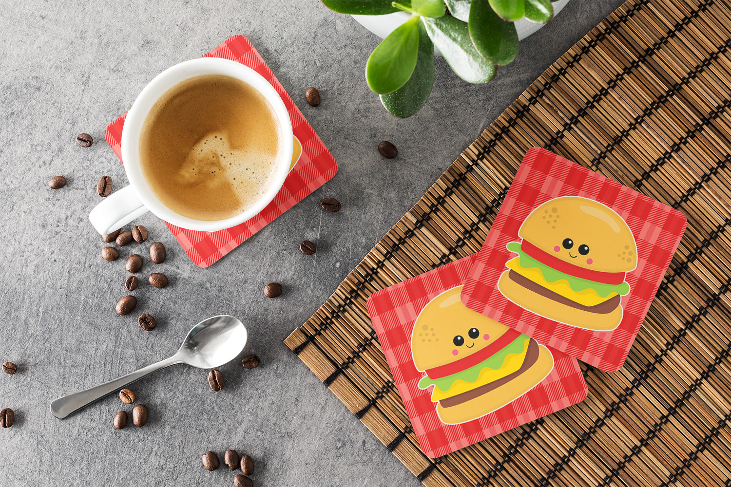 Hamburger Face Foam Coasters Set of 4 Cup Coasters for Indoor Outdoor, Tabletop Protection, Anti Slip, Mouse pad Material