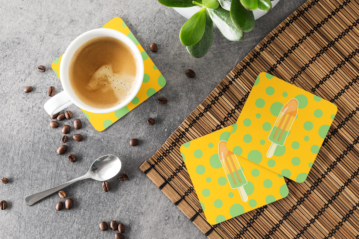 Ice Pop Popcicle Orange Green Foam Coasters Set of 4 Cup Coasters for Indoor Outdoor, Tabletop Protection, Anti Slip, Mouse pad Material