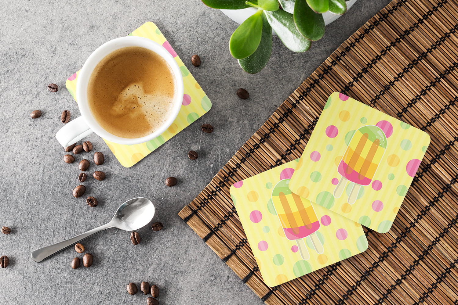 Ice Pop Popcicle Polkadots Foam Coasters Set of 4 Cup Coasters for Indoor Outdoor, Tabletop Protection, Anti Slip, Mouse pad Material