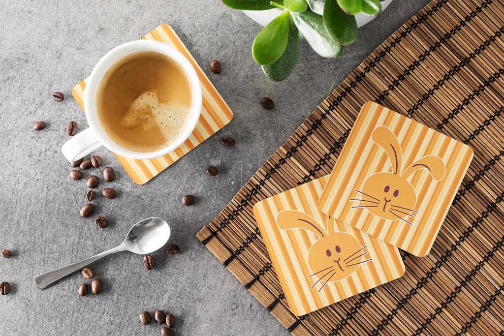 Rabbit on Stripes Foam Coasters Set of 4 Cup Coasters for Indoor Outdoor, Tabletop Protection, Anti Slip, Mouse pad Material