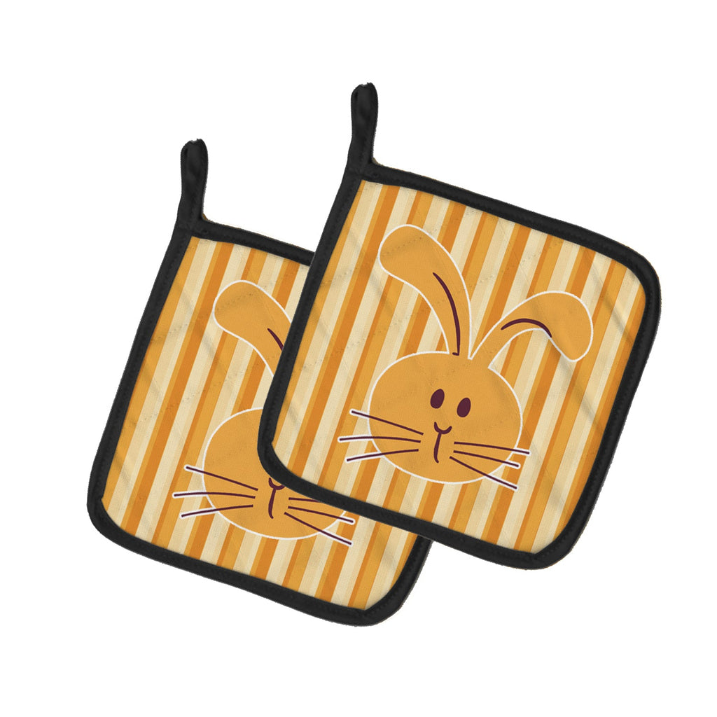 Rabbit on Stripes Pot Holder Set of 2 Heat Resistant Quilted Hot Pads 7.5 x 7.5 Inch, Insulated Kitchen Trivets for Cooking & Baking