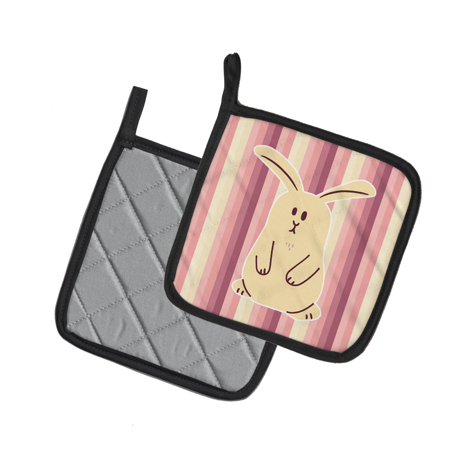 Rabbit on Stripes Pot Holder Set of 2 Heat Resistant Quilted Hot Pads 7.5 x 7.5 Inch, Insulated Kitchen Trivets for Cooking & Baking