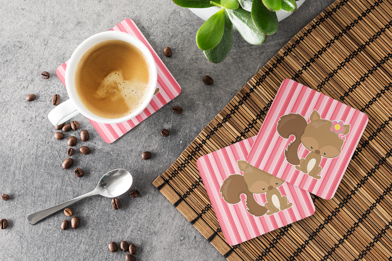 Squirrel with Flowers Foam Coasters Set of 4 Cup Coasters for Indoor Outdoor, Tabletop Protection, Anti Slip, Mouse pad Material