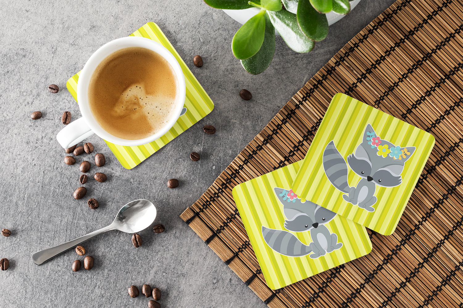 Raccoon with Flowers Foam Coasters Set of 4 Cup Coasters for Indoor Outdoor, Tabletop Protection, Anti Slip, Mouse pad Material