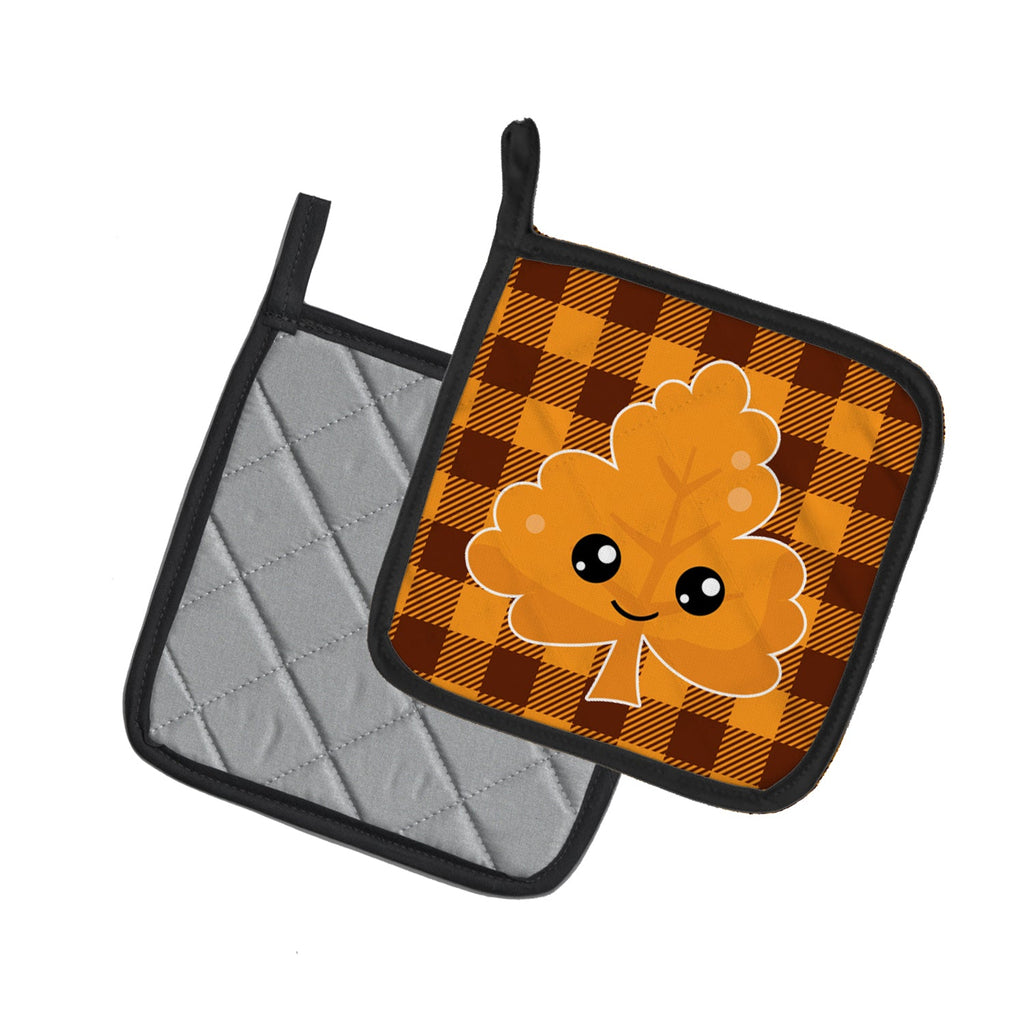 Fall Leaf on Gingham Pot Holder Set of 2 Heat Resistant Quilted Hot Pads 7.5 x 7.5 Inch, Insulated Kitchen Trivets for Cooking & Baking